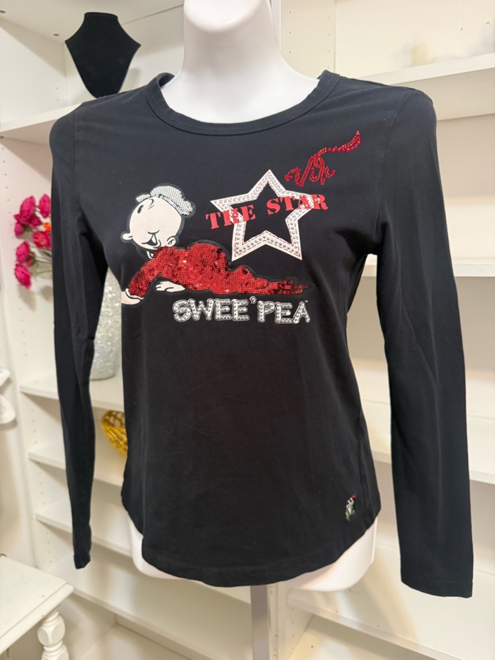 Monella Vegabonda Sweet Pea Black Long Sleeve Tee with Red and White Graphic MED - Picture 4 of 12